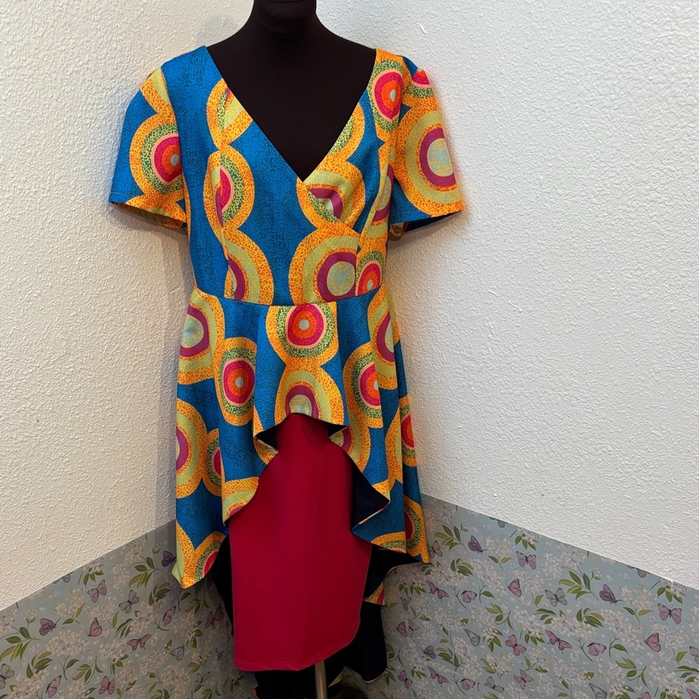 Esy Studio ey vibrant blue and pink high-low asymmetrical dress. Size L.
